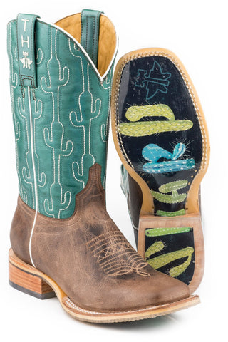 Tin Haul Womens Tan/Turquoise Leather Puff Cactus Cowboy Boots
