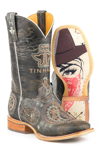Tin Haul Womens Waxy Black Leather Bandana Bandit Cowboy Boots