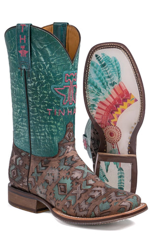 Tin Haul Womens Brown/Turquoise Leather Painted Warrior Cowboy Boots