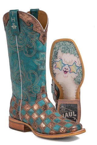 Tin Haul Womens Turquoise Leather No Probl-Lama Cowboy Boots