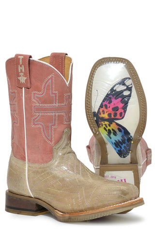 Tin Haul Girls Youth Tan/Pink Leather Rainbow Star Cowboy Boots