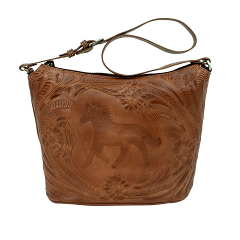 American West Hitchin Post Light Brown Leather Tooled Zip Top Bucket Tote