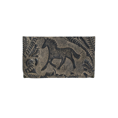 American West Hitchin Post Distressed Charcoal Leather Tooled Trifold Wallet