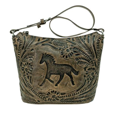 American West Hitchin Post Charcoal Leather Tooled Zip Top Bucket Tote