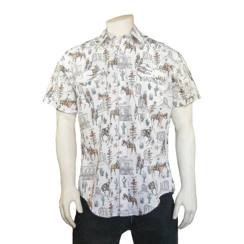 Rockmount Mens White 100% Cotton Cactus and Cowboys S/S Shirt