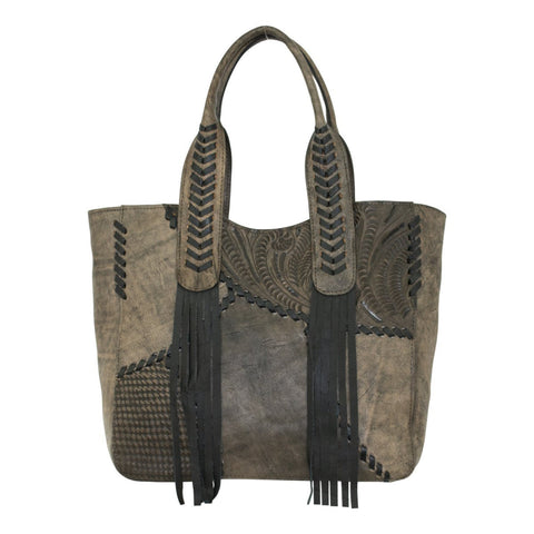 American West Gypsy Patch Distressed Charcoal Leather Large Zip-Top Tote