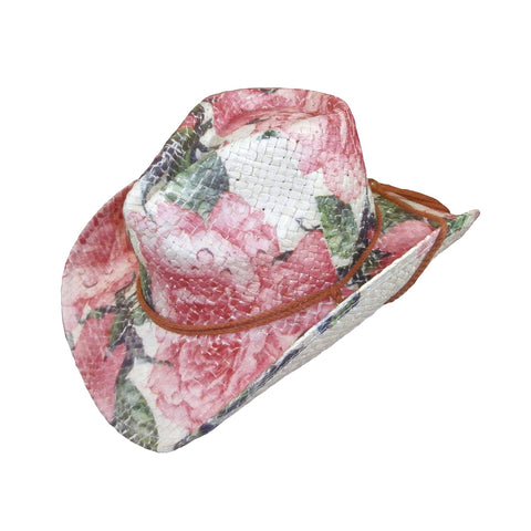 Rockmount Womens Pink Straw Floral Print Western Hat