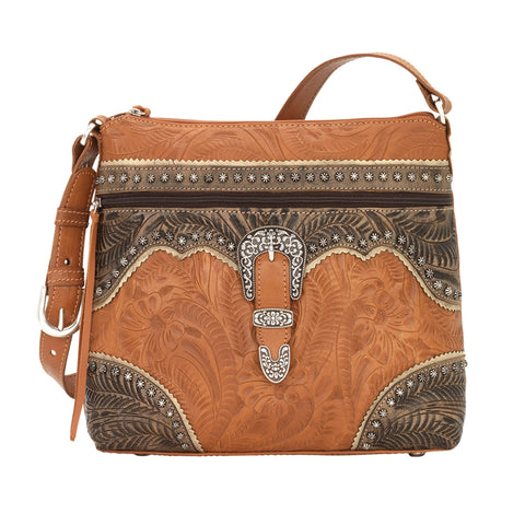 American West Saddle Ridge Natural Tan Leather Zip Top Shoulder Bag