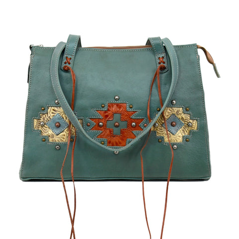 American West Navajo Soul Marine Turquoise Leather CCS Zip Top Tote