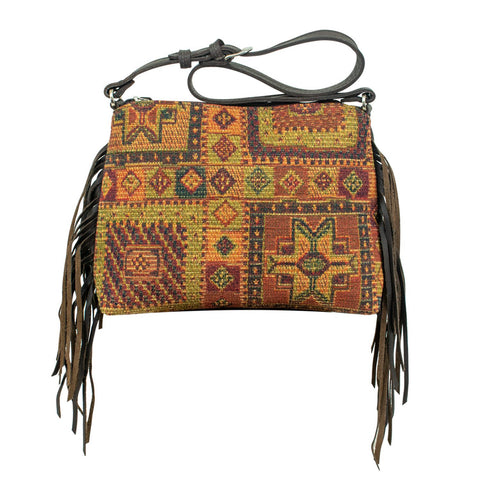 American West Green/Orange Leather Tapestry Shoulder Bag