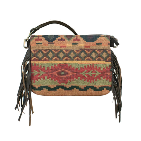 American West Red Multi Leather Tapestry Fringe Crossbody Bag