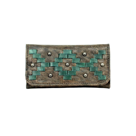 American West Tribal Weave Distressed Charcoal Leather Trifold Wallet