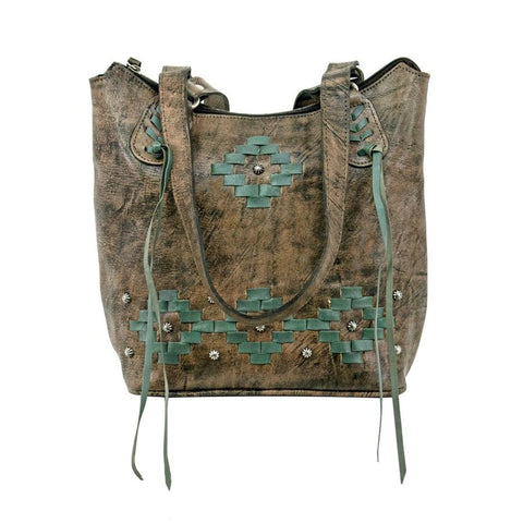 American West Tribal Weave Distressed Charcoal Leather Large Bucket Tote