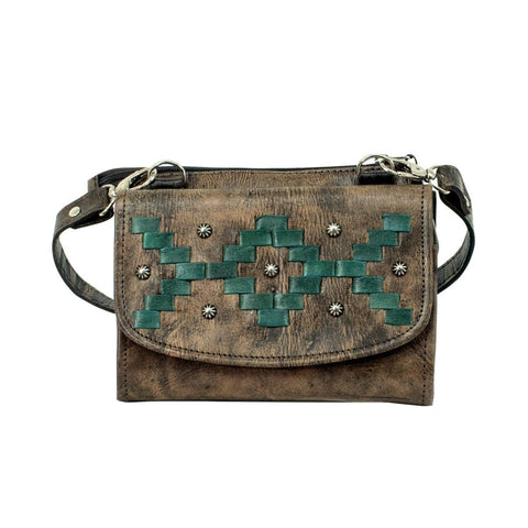 American West Tribal Weave Distressed Charcoal Leather Small Crossbody