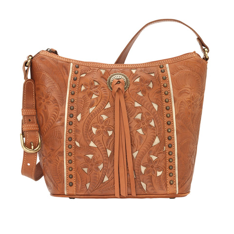American West Hill Country Natural Tan Leather Zip Top Bucket Tote