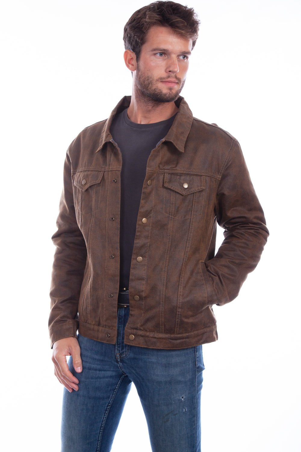 Dark Brown Leather Jacket Mens Denim Jacket Brown Zip Through