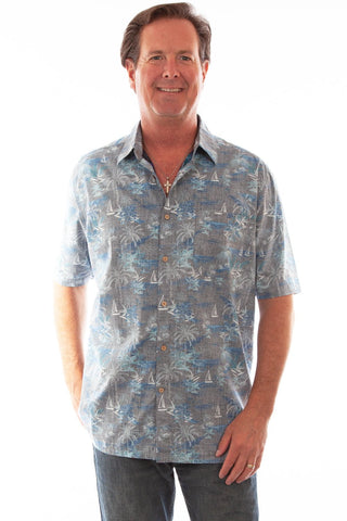 Scully Mens Grey 100% Cotton Hawaiian Boats S/S Shirt