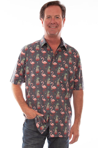 Scully Mens Black 100% Cotton Hawaiian Flamingo S/S Shirt