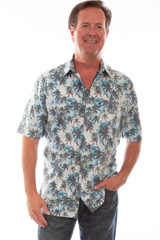 Scully Mens White/Turquoise 100% Cotton Palm Trees S/S Shirt
