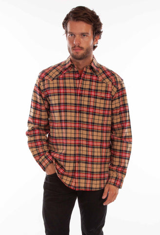 Scully Mens Tan/Red 100% Cotton Plaid L/S Shirt