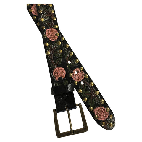 Rockmount Womens Black/Pink Leather Tooled Pink Roses 1.5in Belt 38