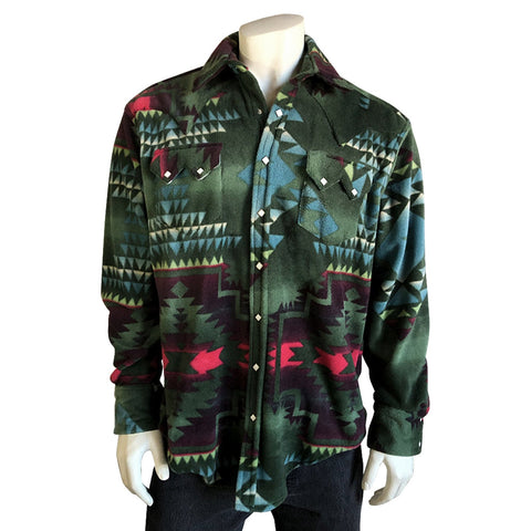 Rockmount Mens Green/Black Fleece Native Pattern Western L/S Shirt