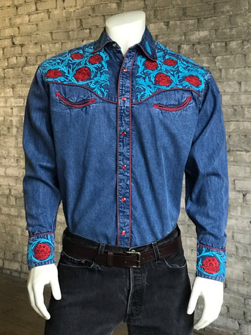 Rockmount Mens Denim 100% Cotton Red Floral Turquoise Western L/S Shirt