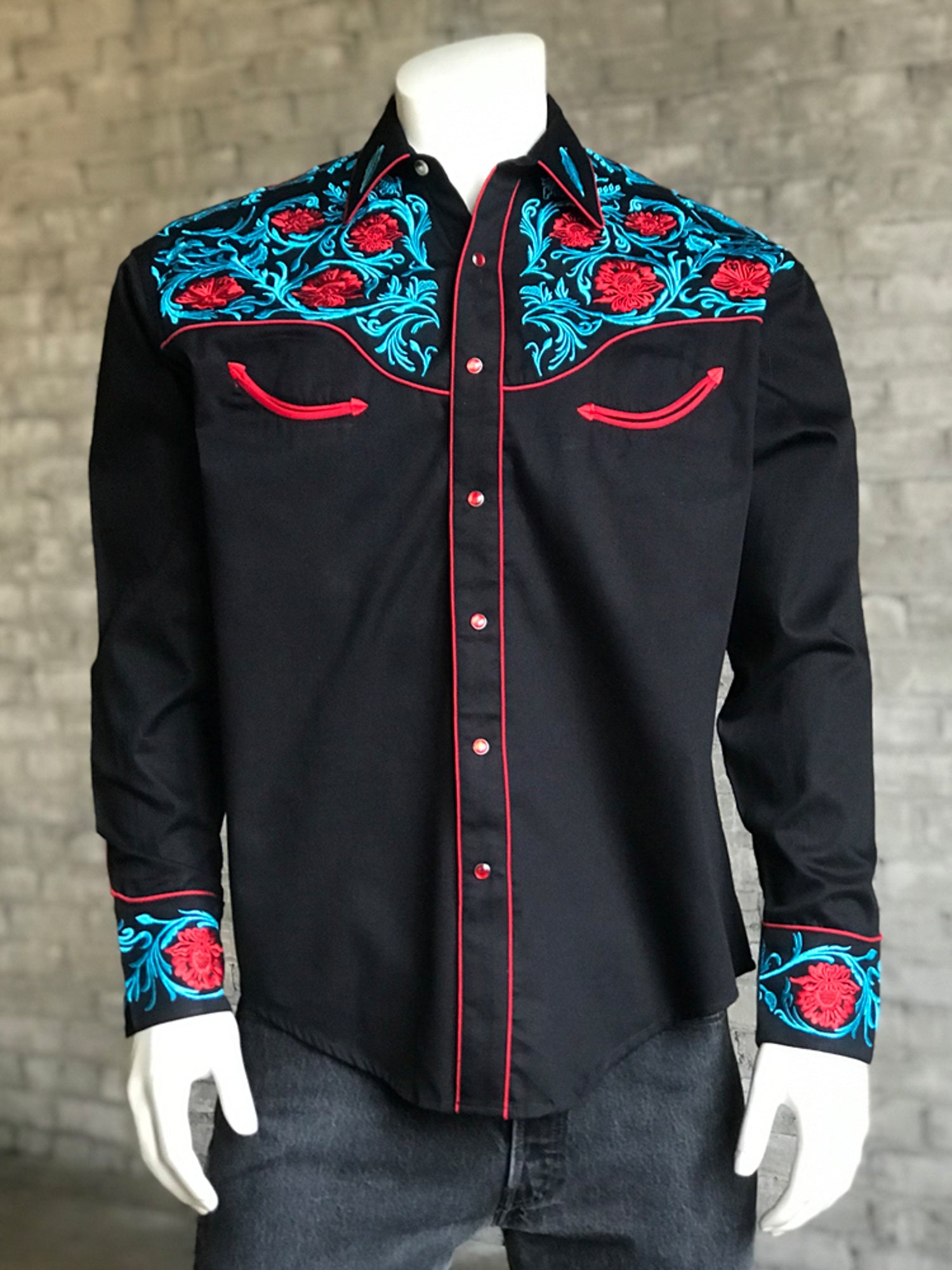 Rockmount Mens Black 100% Cotton Red Floral Vintage Turquoise L/S