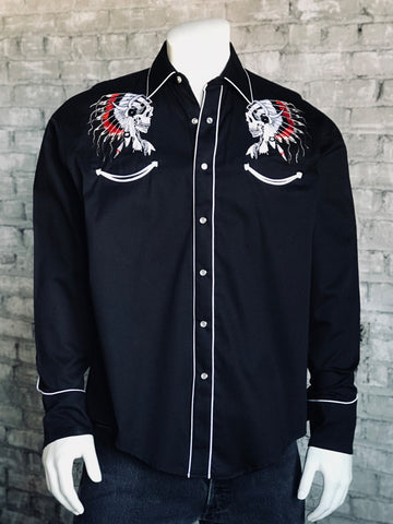 Rockmount Mens Black 100% Cotton Chief Skull Western L/S Shirt