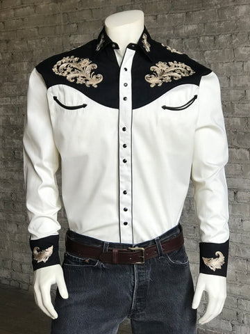 Rockmount Mens White 100% Cotton Natural Vintage Tan Floral L/S Shirt