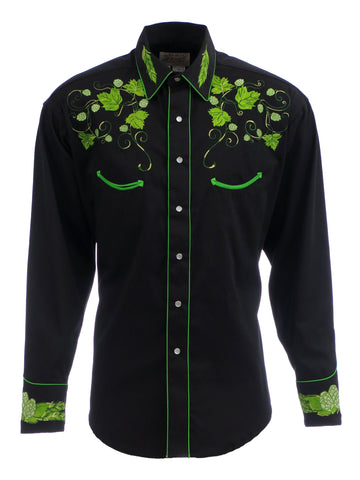 Rockmount Mens Black 100% Cotton L/S Western Shirt Vintage Hops Embroidered