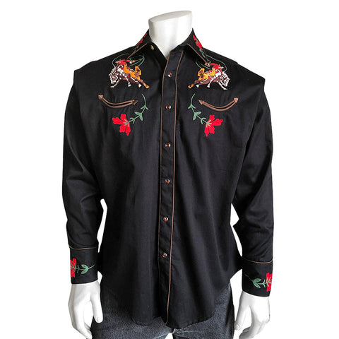 Rockmount Mens Black 100% Cotton Vintage Bronc Embroidered L/S Shirt