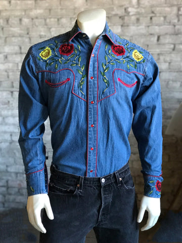 Rockmount Mens Blue 100% Cotton Floral Denim Embroidered L/S Shirt