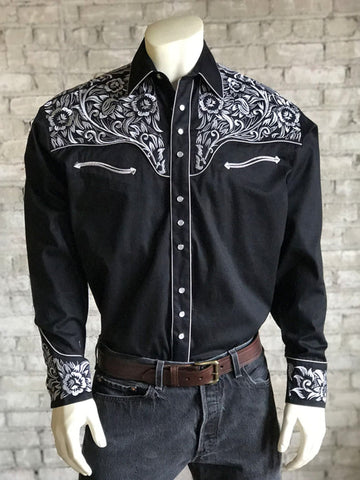 Rockmount Mens Black/Silver 100% Cotton Vintage Tooling Western L/S Shirt