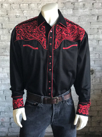 Rockmount Mens Black/Red 100% Cotton Vintage Tooling Western L/S Shirt