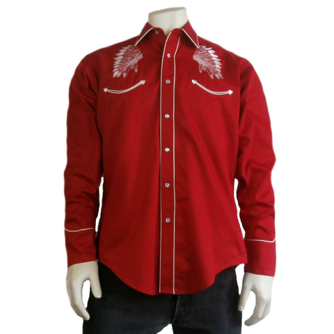 Rockmount Mens Red 100% Cotton Warbonnet Embroidery L/S Shirt