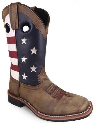 Smoky Mountain Womens Stars And Stripes Vintage Brown Leather Cowboy Boots