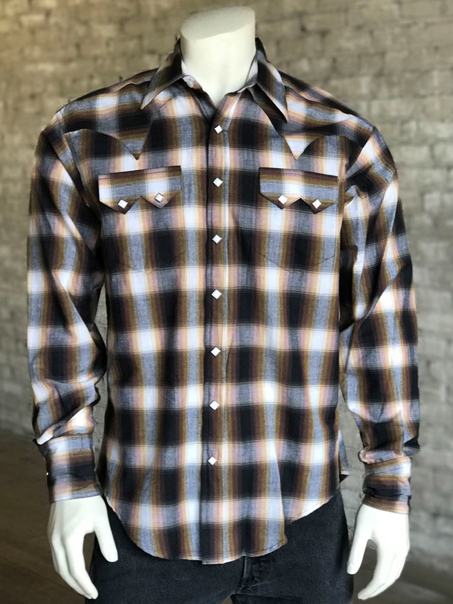 Rockmount Mens Brown 100% Cotton Shadow Plaid Western L/S Shirt