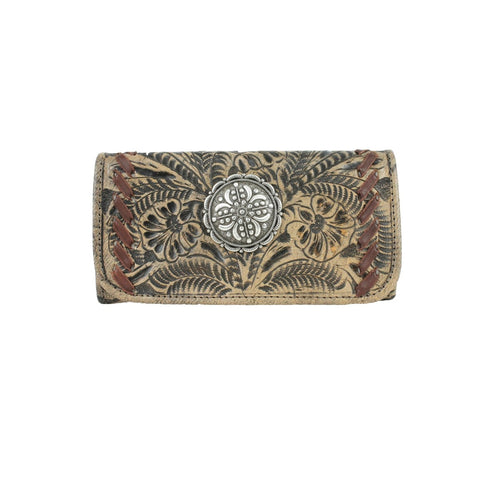 American West Lariats & Lace Distressed Charcoal Leather Trifold Wallet