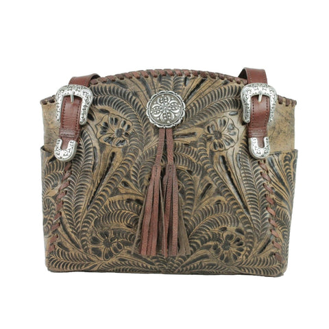 American West Lariats & Lace Distressed Charcoal Leather CCS Zip Top Tote