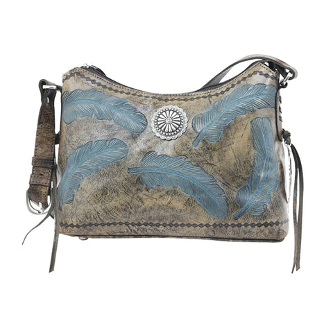 American West Sacred Bird Charcoal/Turquoise Leather Zip Top Shoulder Bag