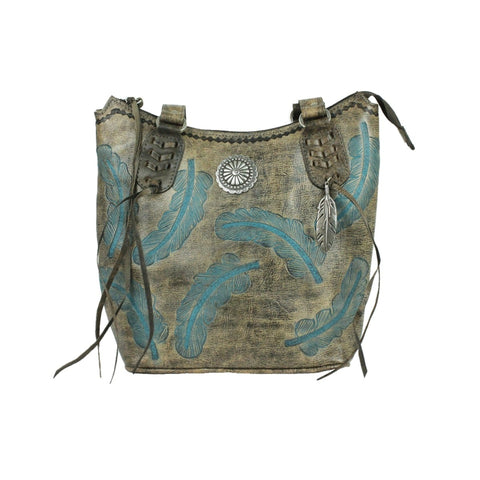 American West Sacred Bird Charcoal/Turquoise Leather Large Bucket Tote