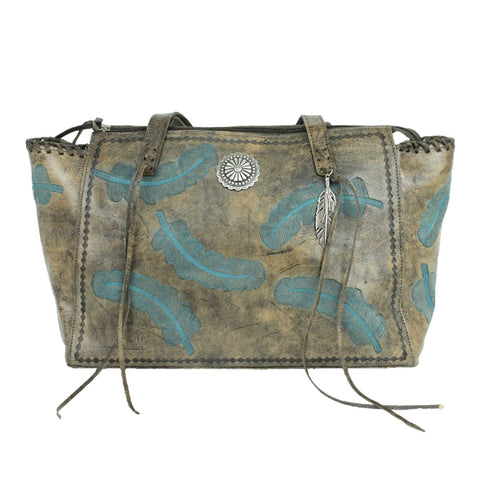 American West Sacred Bird Blue Leather CCS Zip Top Tote