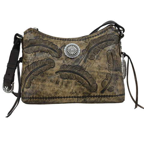 American West Sacred Bird Charcoal/Black Leather Zip Top Shoulder Bag