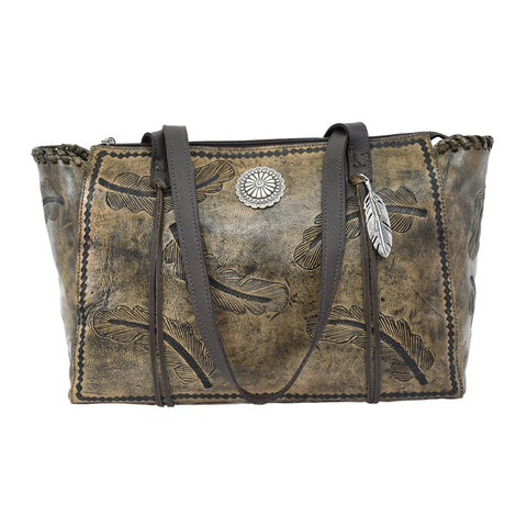 American West Sacred Bird Charcoal/Black Leather CCS Zip Top Tote