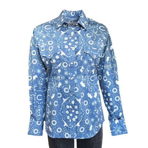 Rockmount Womens Blue Cotton Blend Bison Bandana Print L/S Shirt