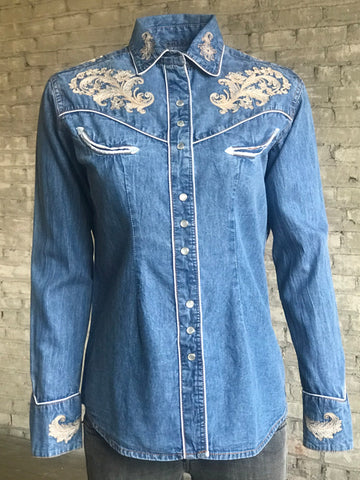 Rockmount Womens Denim 100% Cotton Vintage Floral Embroidered L/S Shirt