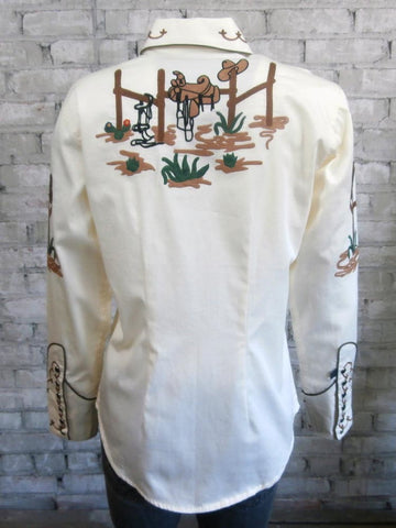 Rockmount Womens Ivory 100% Cotton Vintage Cactus & Boots L/S Shirt