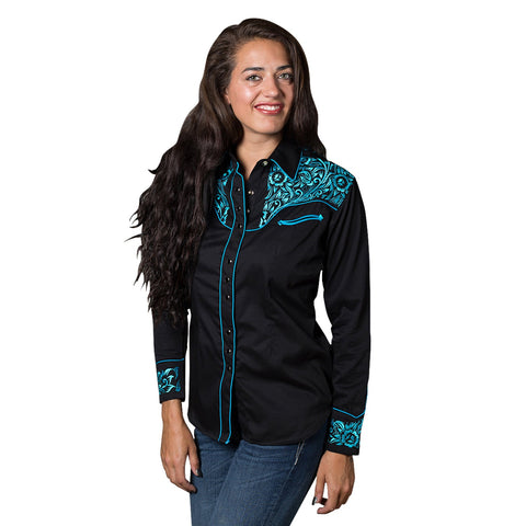 Rockmount Womens Black/Turquoise 100% Cotton Vintage Tooling L/S Shirt