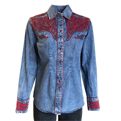 Rockmount Womens Denim/Red 100% Cotton Vintage Tooling Embroidery L/S Shirt